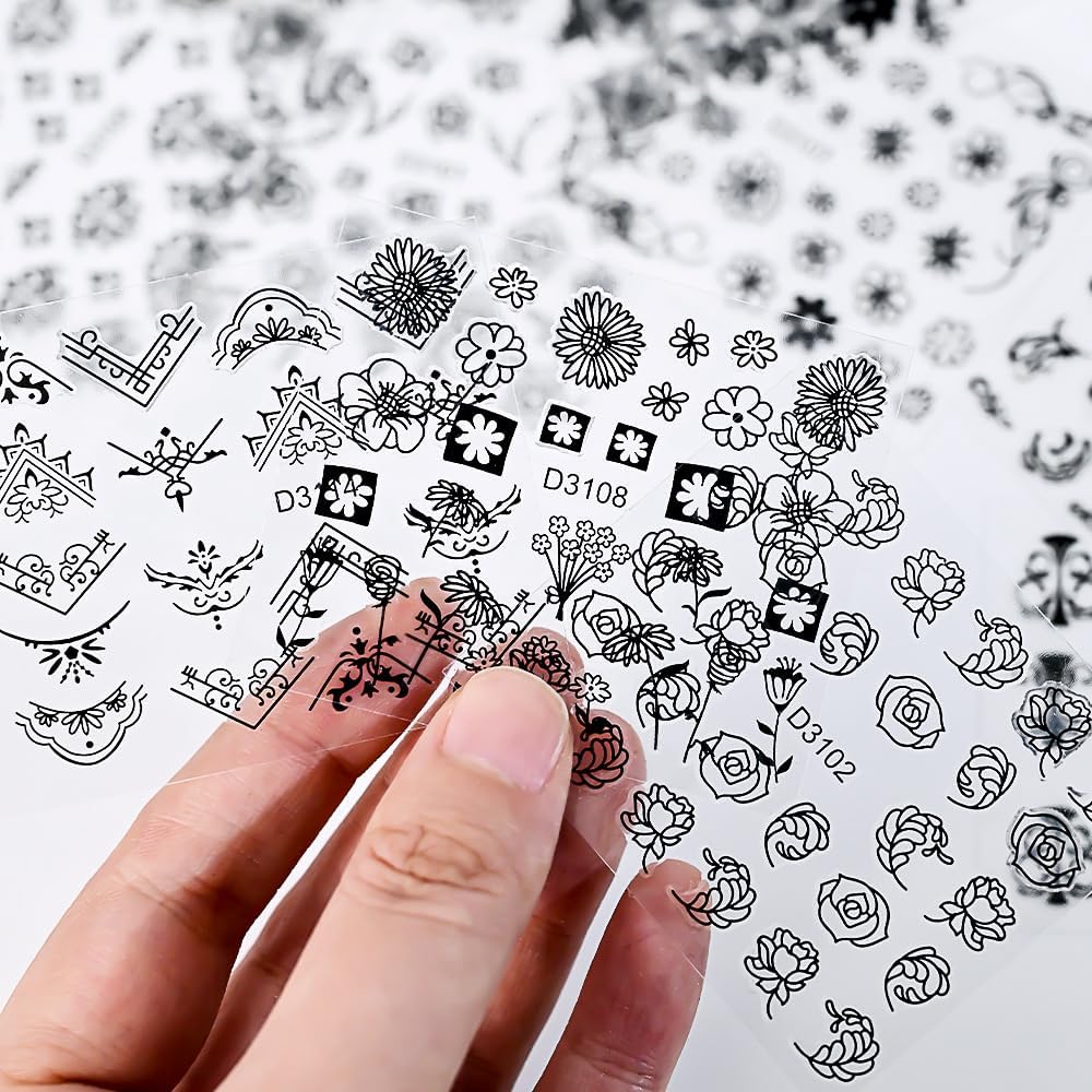 90 Sheets Flower Nail Stickers 3D Self-Adhesive Gold White Black Nail Decals Lace Retro Floral Leaf Nail Art Designs for Women and Girls Nail Art Decoration Accessories with Nail Tweezer