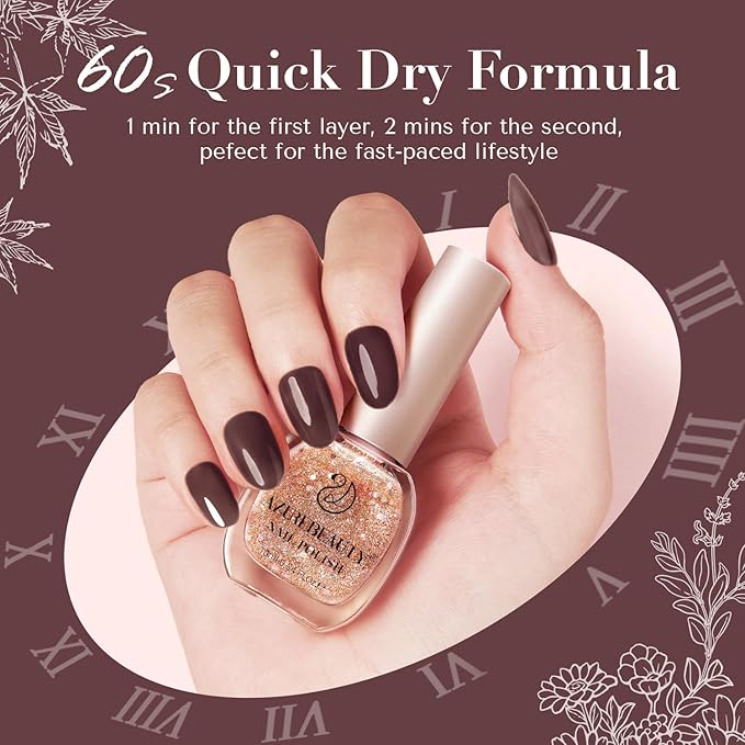 AZUREBEAUTY Brown Nail Polish Set 2 Colors Glitter Quick Dry Nail Polish Kits Fall Long Lasting French Tip Nail Polish Natural Manicure Diy Home Gift for Girls