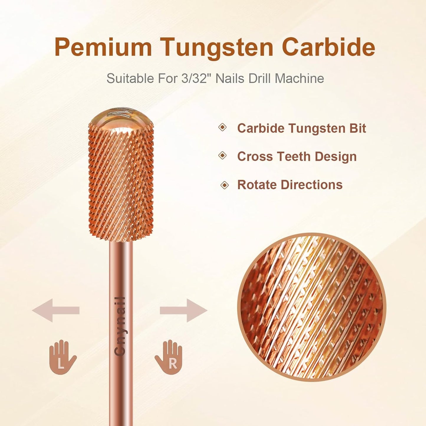 3/32" Large Barrel Smooth Round Top Tungsten Carbide Nail Drill Bit Safety Bit for Gel & Acrylic Removal, 2-Way Rotating Efile Tip, Salon Electric File Accessory (M Grit, Rose Gold)