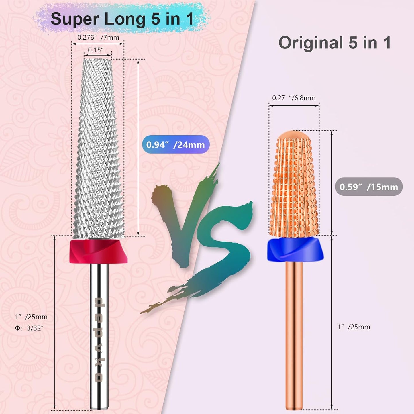 Depvko Super Long 5 in 1 Nail Drill Bits, 3/32'' Carbide Tungsten Bits, Two Way Rotate Professional Advanced Safety Bits for Nail, Fast Remove for Manicure Pedicure (Long 5in1-Silver, Fine-F)