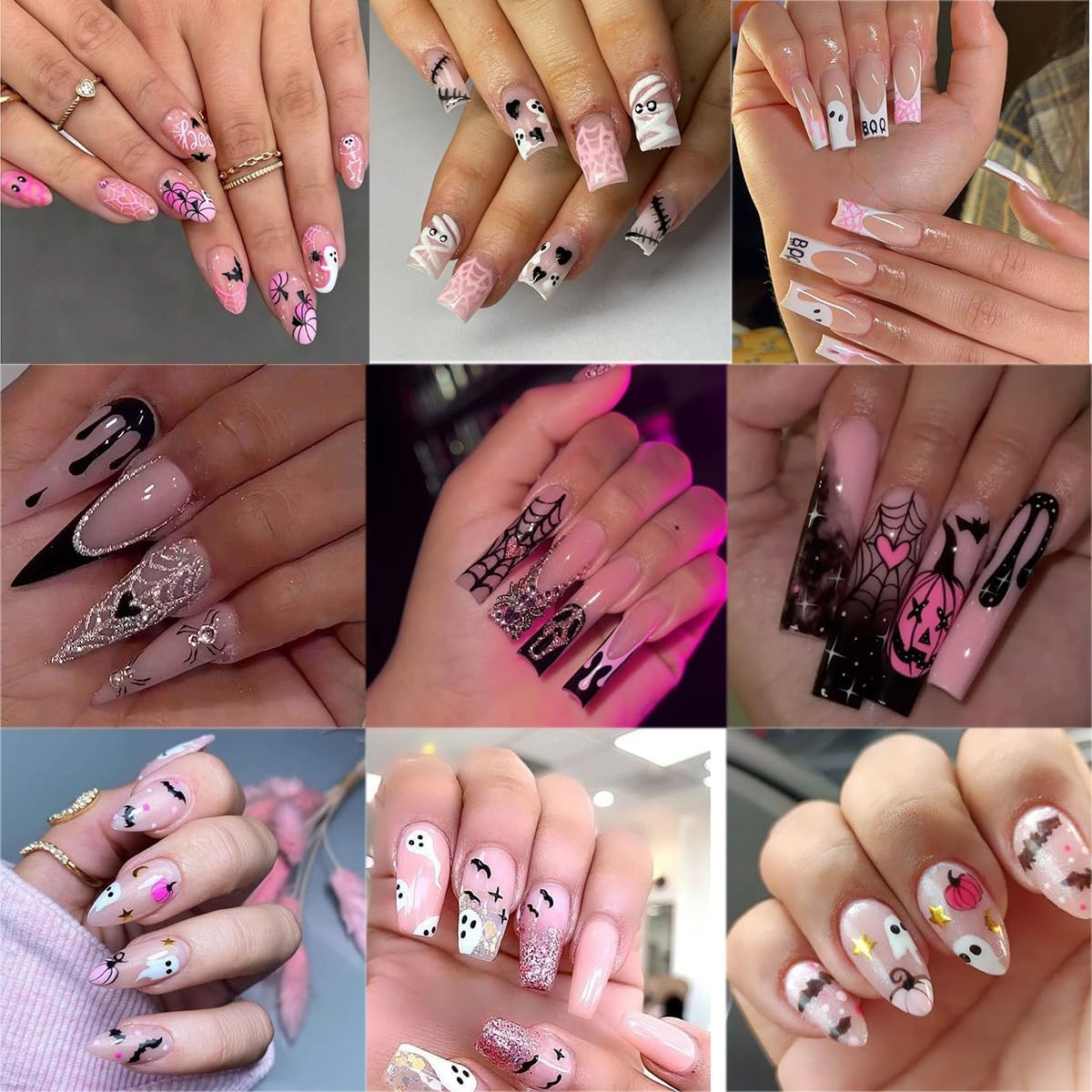 6 Sheets Pink Glitter Halloween Nail Stickers for Nail Art 3D Self-Adhesive Spider Web Nail Stickers with Ghost Bat Blood Drop Skull Cute Halloween Designs Goth Nail Decals for Women Acrylic Nails