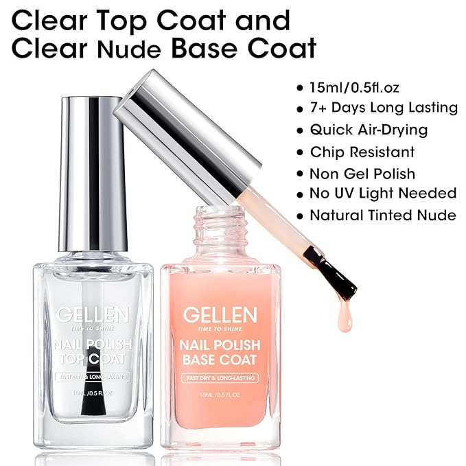 Gellen Clear Nail Polish Base Top Coat, No Wipe Shine Top Coat & 4-In-1 Tinted Nude Base Coat Strengthens Nails - Calcium, Quick Dry Natural Color Regular Nail Polish, Not UV Gel, Hema Free, Non-toxic