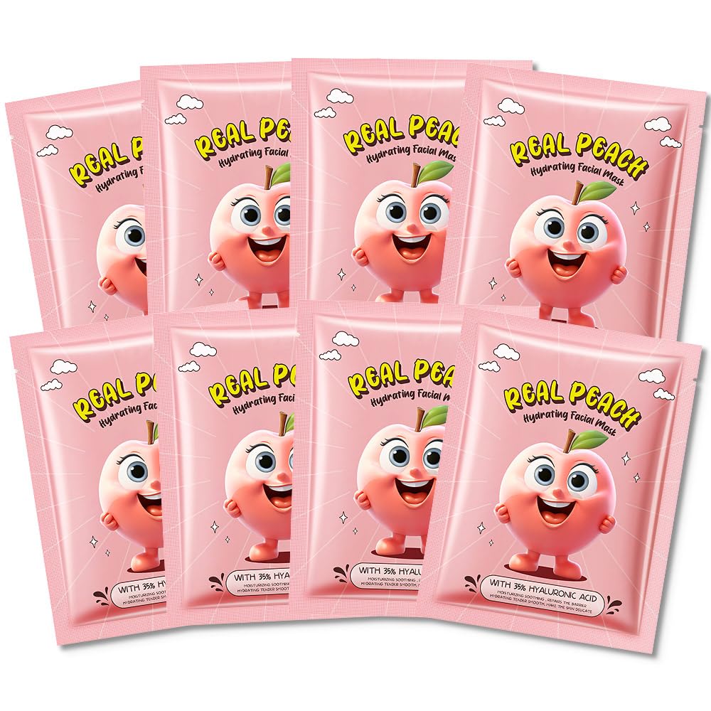 8 PCS Real Hydrating Nature Face Masks Skincare, Hyaluronic Acid, Vitamin C and E, Chamomile, Korean Beauty Essence Facial Paper Sheet Mask for Skin Care Moisturizing (Peach)