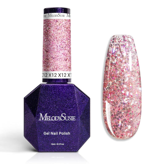MelodySusie Galaliver Glitter Gel Nail Polish, 15ML Sparkly Shimmer Gel Polish Soak Off UV LED Cured Long Lasting Gift for Women DIY Nail Design Nail Art Manicure Sweet Pink X12