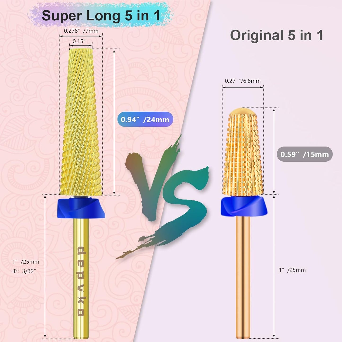 Depvko Super Long 5 in 1 Nail Drill Bits, 3/32'' Carbide Tungsten Bits, Two Way Rotate Professional Advanced Safety Bits for Nail, Fast Remove for Manicure Pedicure (Long 5in1-Gold, Medium-M)