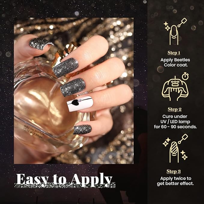 Beetles Black Gel Nail Polish, 1Pcs 15ML Glitter Gel Nail Polish Black Sparkle Reflective Shimmer Color Soak Off UV Lamp Disco Nail Art Manicure Salon DIY at Home Gifts for Her