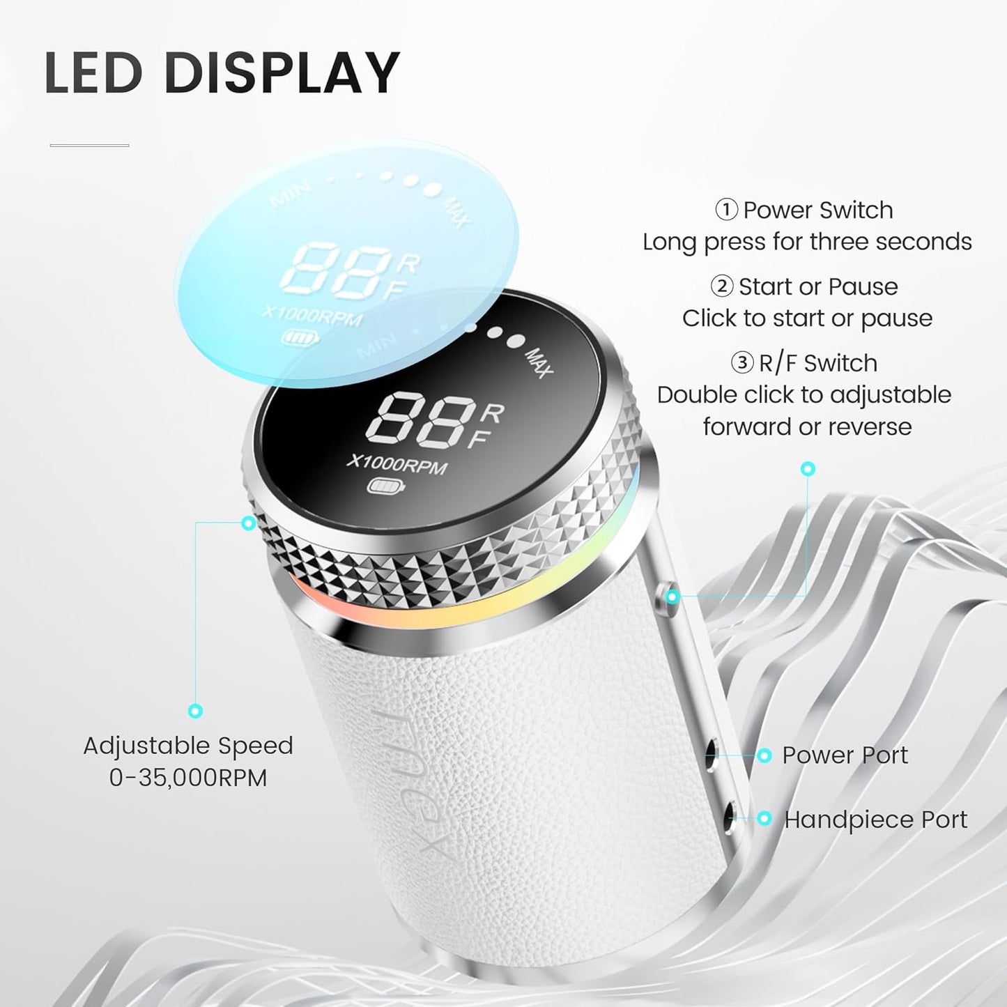 L'UGX Professional Nail Drill, Waterproof 35000RPM Brushless Nail Drill Machine, Rechargeable Nail Efile for Acrylic Gel Nails, Low Noise and Low Vibration, White
