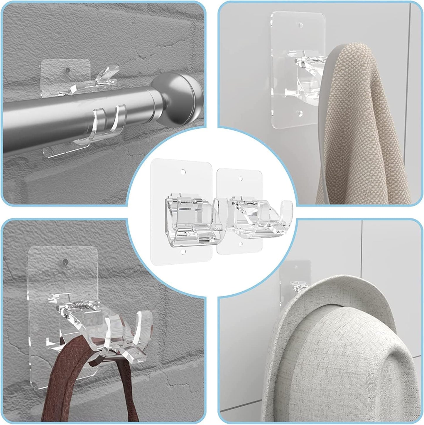CIEMGNZOC 2PCS No Drill Curtain Brackets, Self-Adhesive Rods, Adjustable Curtain Hooks for Rods Under 1.57 Inch (Transparent)