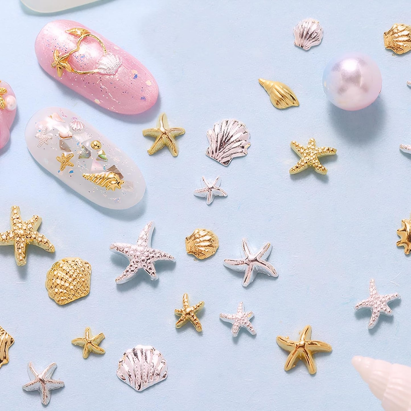 3 Boxes of Starfish Nail Charms, Ocean Nail Charms, Beach Starfish, Sea Shells, 3D Nail Gem Jewelry, Suitable for DIY Manicure (Gold*2, Silver*1)