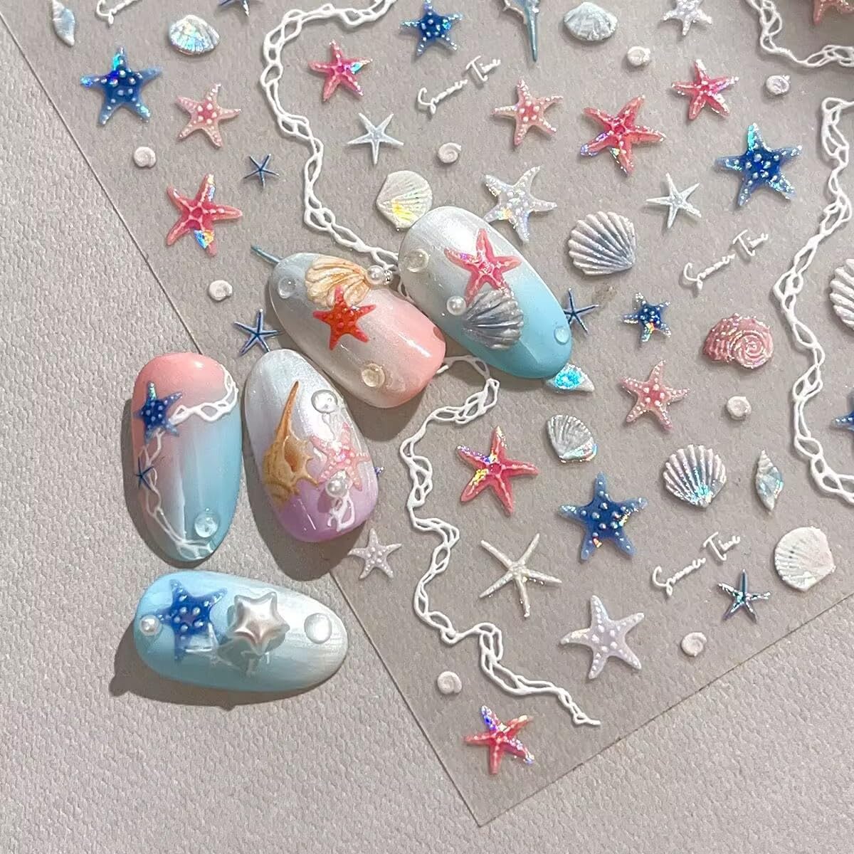 2 Sheet Summer Ocean Theme Nail Art Stickers Extra Shiny Shell Light 5D Shell Starfish for Nails Stickers Decals Gold Silver Star Jellyfish Self-Adhesive Design Nail Supplies for Women Manicure Decor