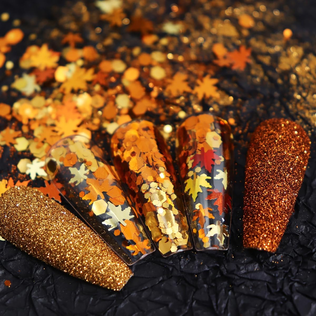Golden Fall Nail Art Glitters Maple Leaf Nail Sequins Autumn Leaves Nail Decoration Accessories 3D Maple Leaves Nail Decals Professional Fall Nail Designs for Women Manicure DIY 6 Jars