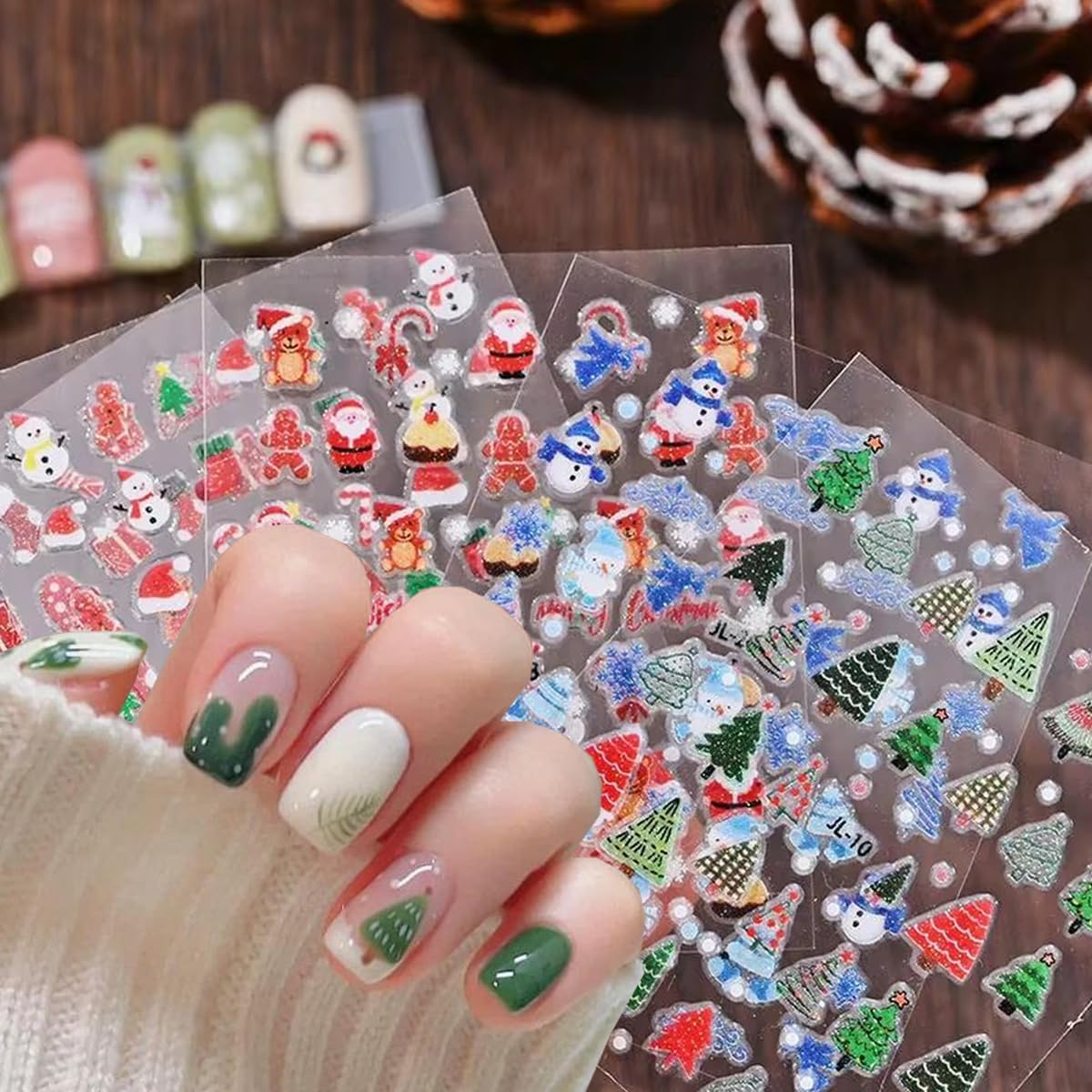 Glitter Christmas Nail Art Stickers for Set 3D Self- Adhesive Nail Supplies Snowflake Elk Santa Claus Cute Penguin Deer Snowman Nail Decals with Design Sparkly Xmas Winter Nail Decoration for Women