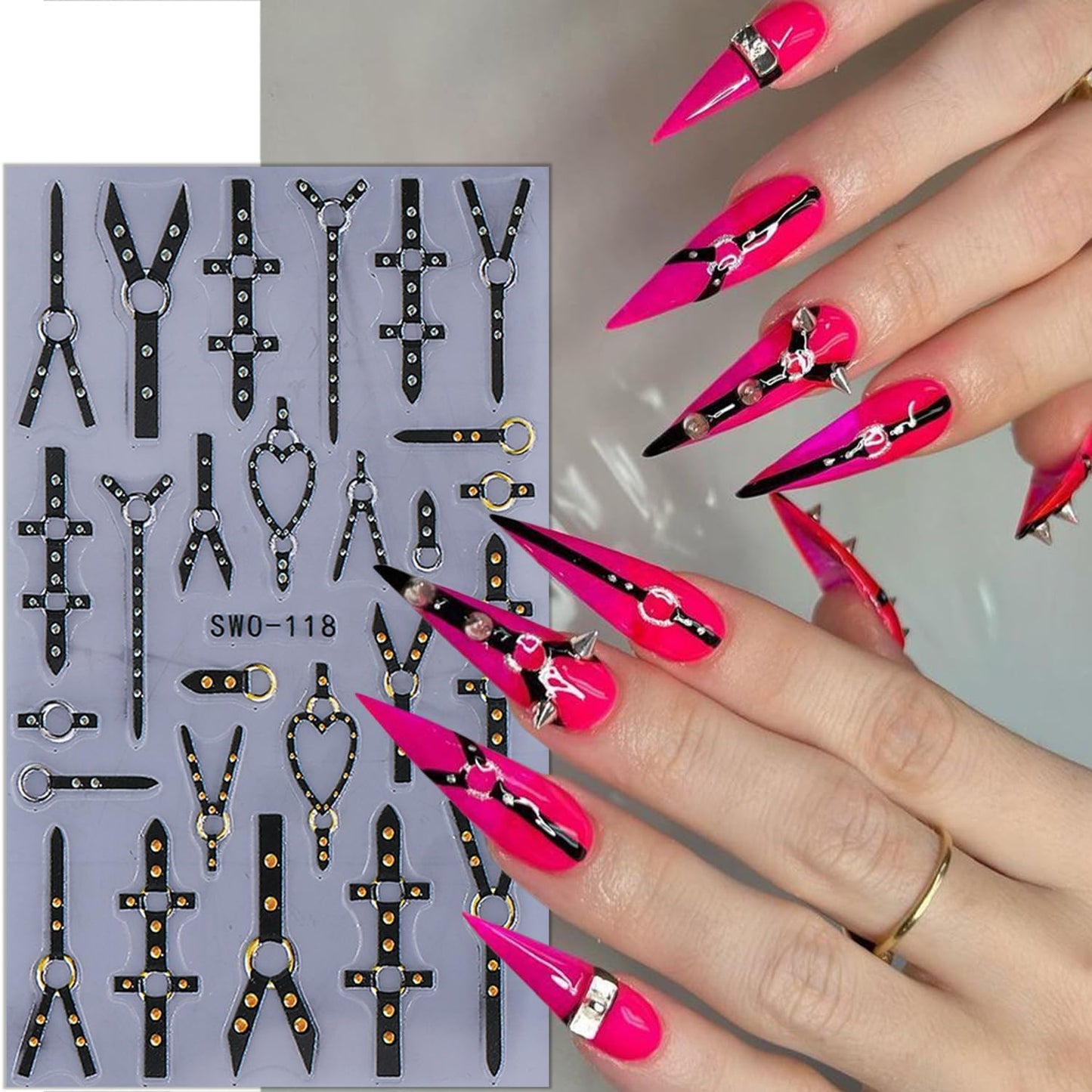 2 Sheets Gothic Nail Stickers for Nail Art Black Punk Belt Nail Design Decals Embossed Gold Silver Rivet Belt Nail Art Stickers 5D Self-Adhesive Halloween Nail Decals for Women DIY Manicure Supplies