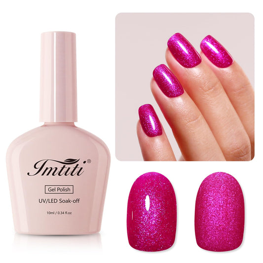 Imtiti Hot Pink Iridescent Glitter Gel Nail Polish, Soak Off LED U V Shimmer Sparkle Nail Gel Polish DIY Nail Art Starter Manicure Salon Kit for Women Girls 10ML