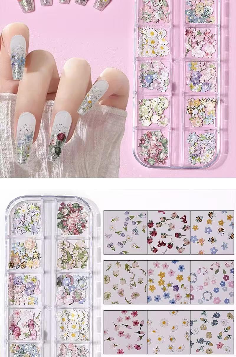 Mixed Colors Nail Flowers, 300pcs 3D Flower Nail Art Sequins Decals Mixed Leaves Design Slice Nail Flowers Ultra Wood Pulp Flakes Sequins 4