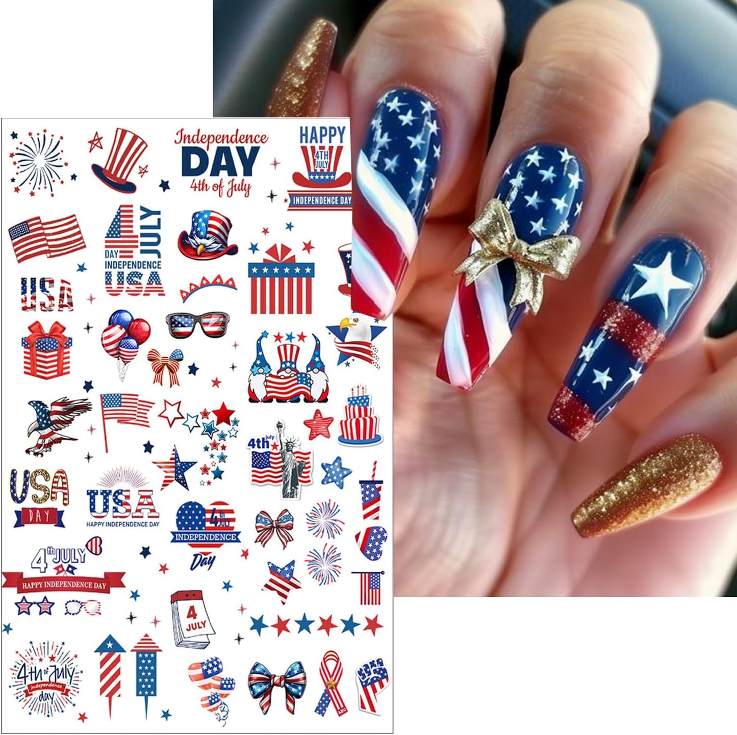 6pcs 4th of July Nail Stickers 3D Nail Decals Independence Day Nail Art Sticker for USA Flags Heart Star Stripe Letters Fireworks Nails Design Adhesive Sticker Patriotic Manicure Decorations for Women