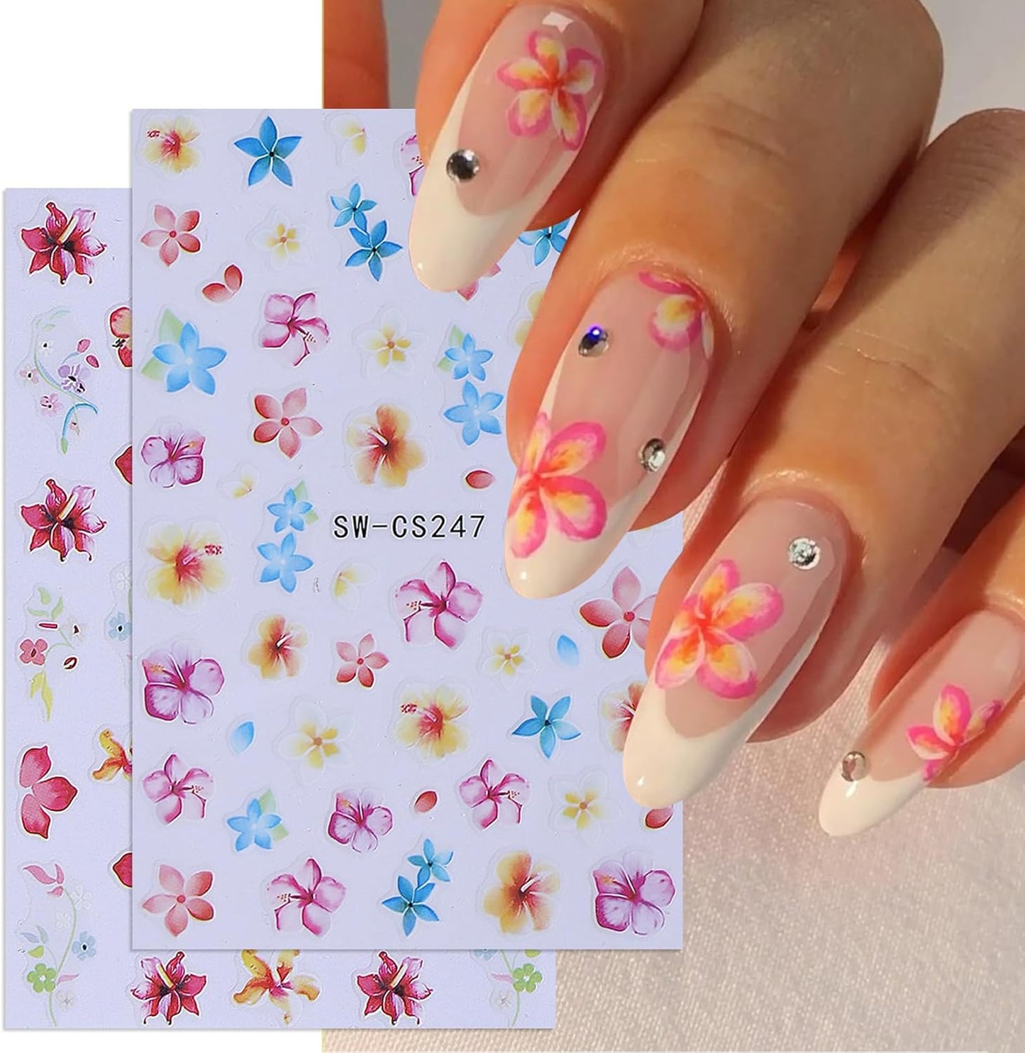 Tropical Nail Art Stickers Decals 14 PCS 3D Blue Flower Jellyfish Nail Art Designs Hibiscus Butterfly Geometry Stickers Colorful Charms Nails Supplies Self Adhesive Summer Manicure Decor