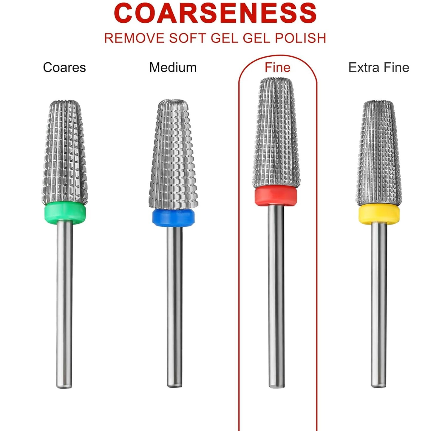 Nail Carbide 5 in 1 Bits 3/32" Professional Nail Drill Bit Two Way Rotate use for Manicure Pedicure Cuticle Gel Polishing Drill Machine (Fine - F, Silver)
