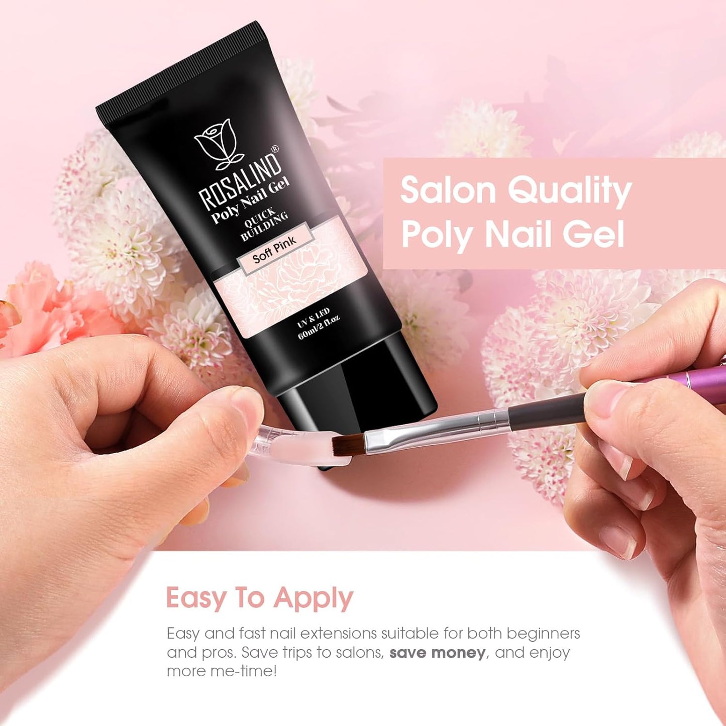 ROSALIND Soft Pink Poly Nail Gel, 2 oz Poly Extension Gel for Nail Art Decoration, Nail Thickening Extension Easy to DIY, Pink Nail Enhancement Need UV Lamp(Update Version
