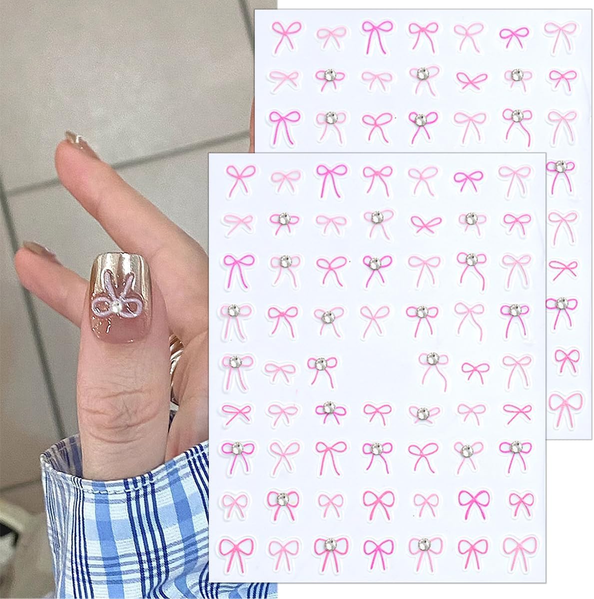 4 Sheets Bow Nail Stickers for Nail Art 5D Self-Adhesive Bow-Knot Nail Decoration Pink Blue Bows Nail Art Stickers with Crystal Diamond Embossed Rhinestones Nail Decals for Women Girls Nail Design