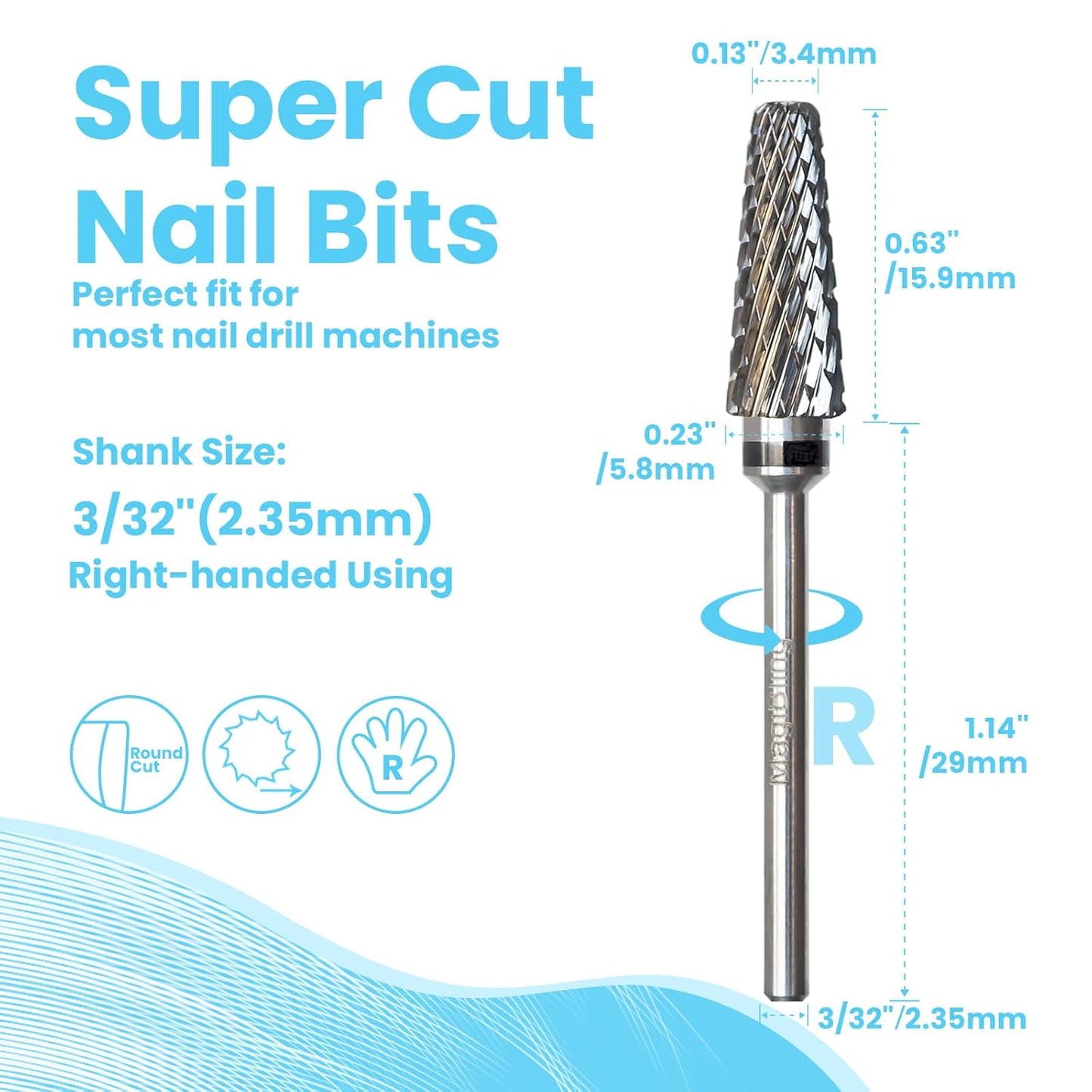 Super Cut 5 In 1 Nail Drill Bits, Tapered Barrel 3/32'' Safety Tungsten Bits, Upward Cut for Hard Gel Removal, Right Hand Use, Manicure Cuticle Gel Polishing, Technicians Bits, Extra Coarse.