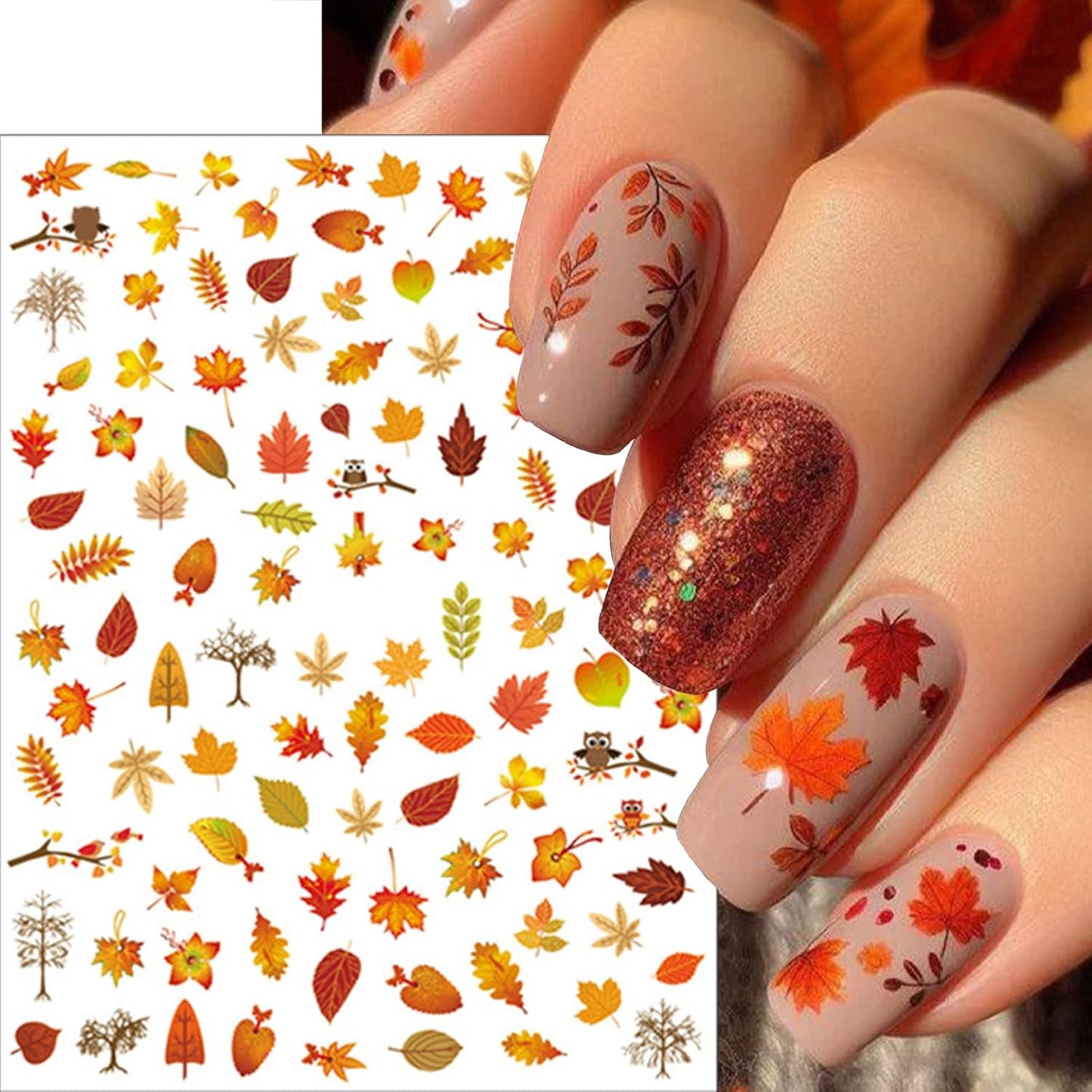 8 Sheets Fall Nail Stickers for Nail Art 3D Magic Maple Leaf Nail Decals Self-Adhesive Hot Stamping Leaves Nail Stickers Fall Ginkgo Leaf Design Sticker for Women Thanksgiving Manicure Decoration