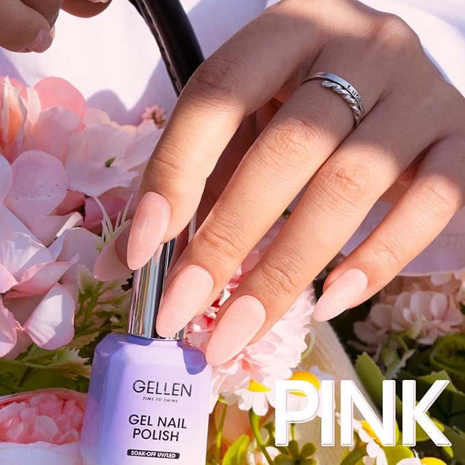 Gellen Natural Pink Gel Nail Polish, 18ml 1091 Glitter Pink Nail Gel Polish U V Light Cure Soak Off Gel for Spring Summer Daily Use at Home Manicure