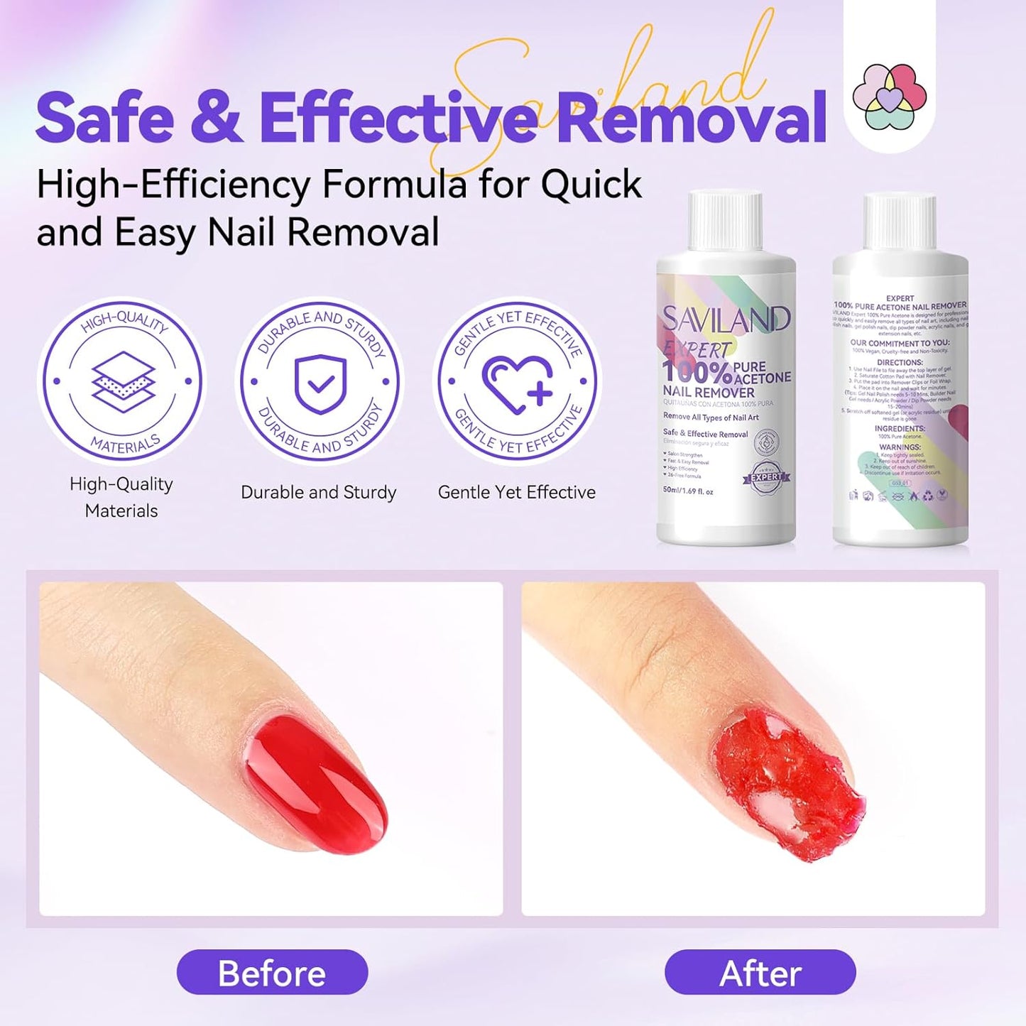 SAVILAND Acetone Nail Polish Remover Kit: 50 ML Expert Gel Nail Polish Remover Non-Drying Gel Remover with Cuticle Oil & Tools Quick Removal for Nail Polish Acrylic Dip Powder DIY Salon
