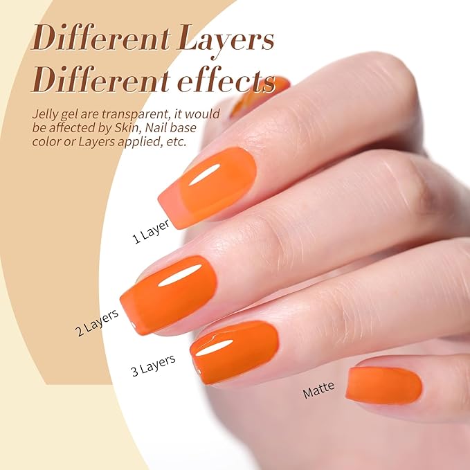 Born Pretty Jelly Gel Nail Polish 6 Colors Fall Winter Translucent Clear Pumpkin Burgundy Wine Red Coral Burnt Orange Grey Amber Brown Gel Polish Sheer Crystal Transparent Halloween Gel Polish Set