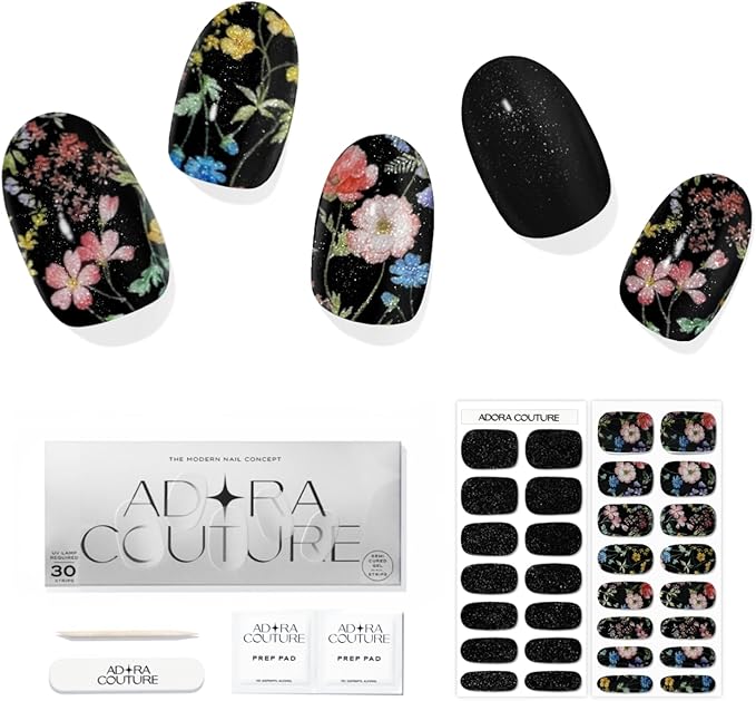 Semi Cured Gel Nail Strips with 30 Pieces - UV Gel Stickers, Manicure Kit, Easy Application Wraps Includes Prep Pads, Nail File, Wooden Stick - UV Light Required (Black Garden)