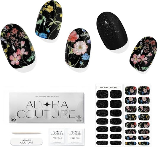 Semi Cured Gel Nail Strips with 30 Pieces - UV Gel Stickers, Manicure Kit, Easy Application Wraps Includes Prep Pads, Nail File, Wooden Stick - UV Light Required (Black Garden)