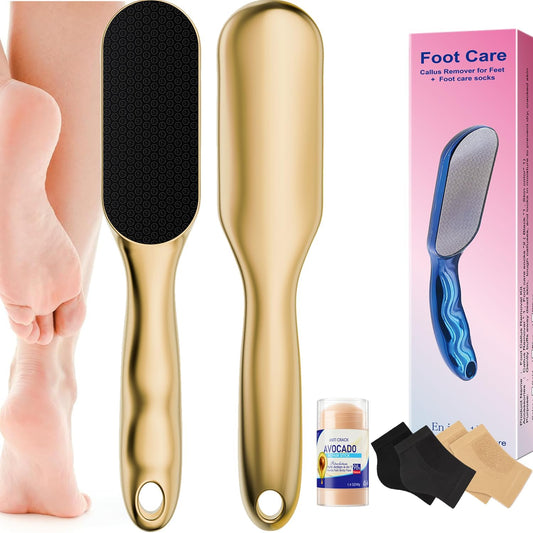 Nano Glass Foot File, Hard Skin Callus Remover with 1PCS Feet Cream, 2Pairs Moisturizing Heel Socks, Professional Foot Care Kit Keep Your Feet Smooth, Gold