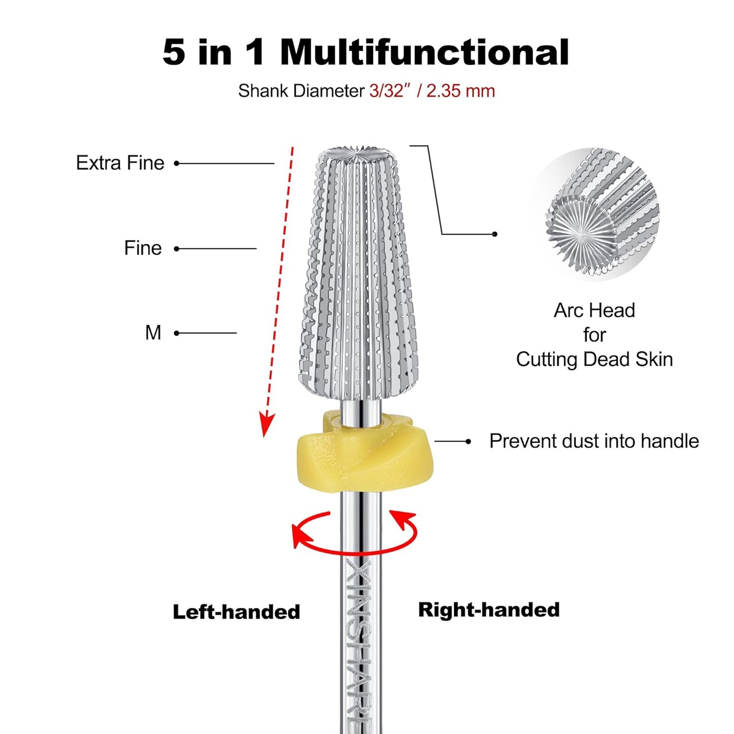 Nail Drill Bit 5 in 1 Multifunctional Drill Bit Carbide 2 Way Rotate Use for Both Left and Right Handed, Fast Remove Acrylic or Hard Gel, Manicure Nail Drill Machine,Extra Fine