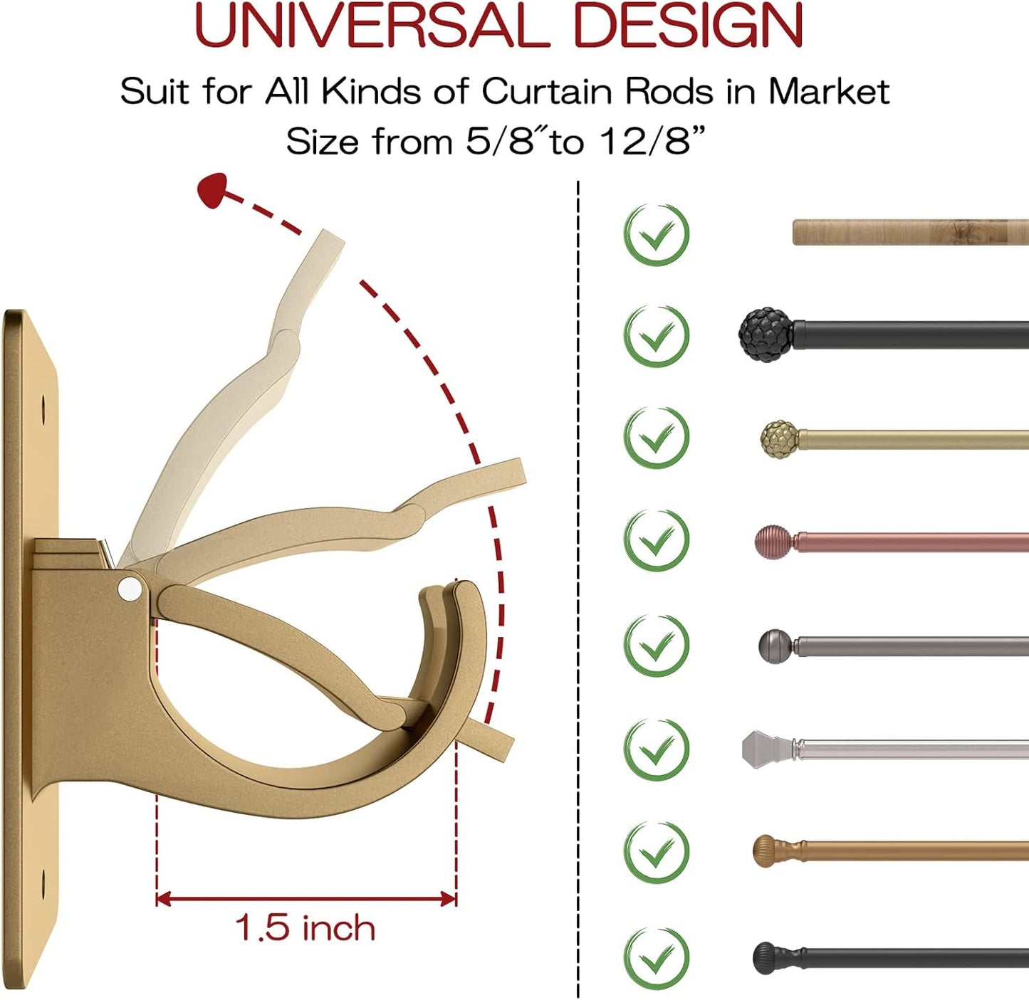 CIEMGNZOC 4PCS No Drill Curtain Rod Brackets, Gold Plastic, Self-Adhesive & Screw Mount, Holds Up To 20 Pounds, Suitable For Rods Up To 1.57 Inch Diameter