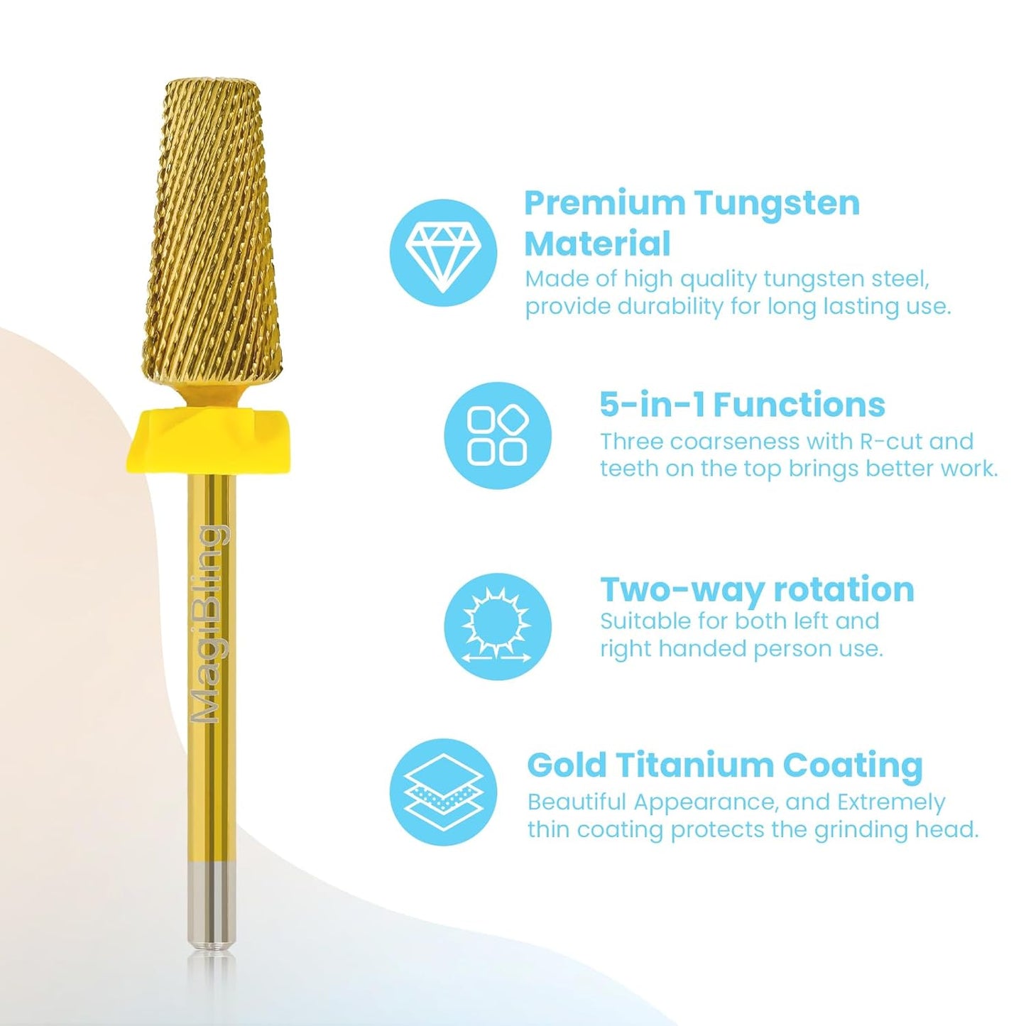 Professional 5 in 1 Tapered Nail Drill Bits, 3/32'' Safety Tungsten Carbide Bits, Remove Gel Fast Left & Right Hand Use, Easy for Beginner, Technicians Bits, Gold, Extra Fine.