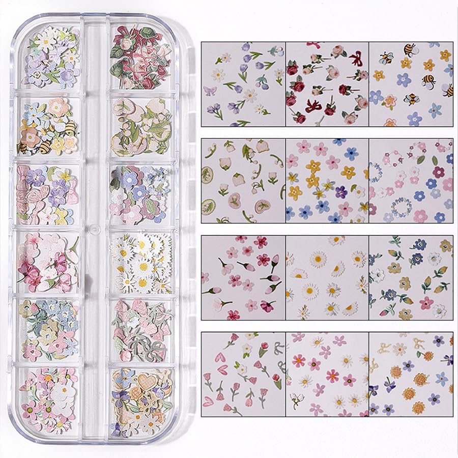 300Pcs 3D Flower Nail Art Charms Sequins Decals Colorful Mixed Flowers Leaves Butterfly Design Slice Nail Flowers Ultra Wood Pulp Flakes Sequins 1