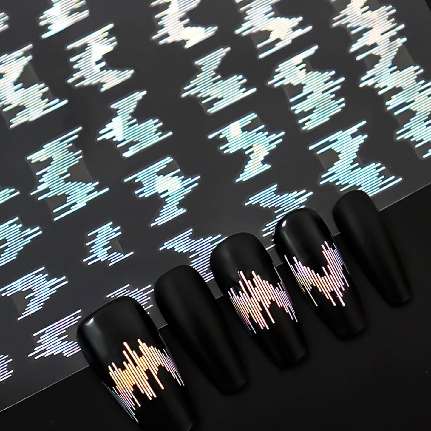 Laser Acoustic Wave Nail Art Stickers, Self-Adhesive 3D High Gloss Reflective Silk Glitter Vertical Strip Nail Decals Decorations (6 Sheets)