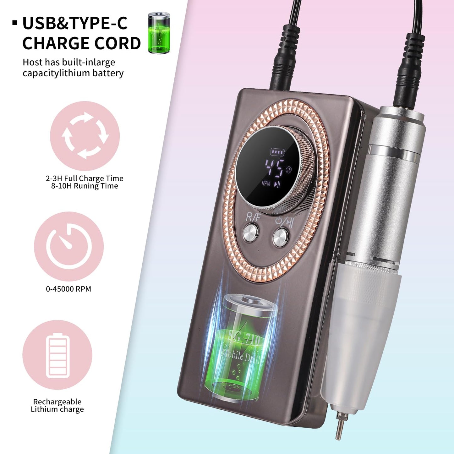 Electric Nail File for Acrylic Nail Kit, 45000RPM Electric Nail Drill Professional Manicure Pedicure Set with Nail Drill Kit Bits, Efile Cordless for Manicure
