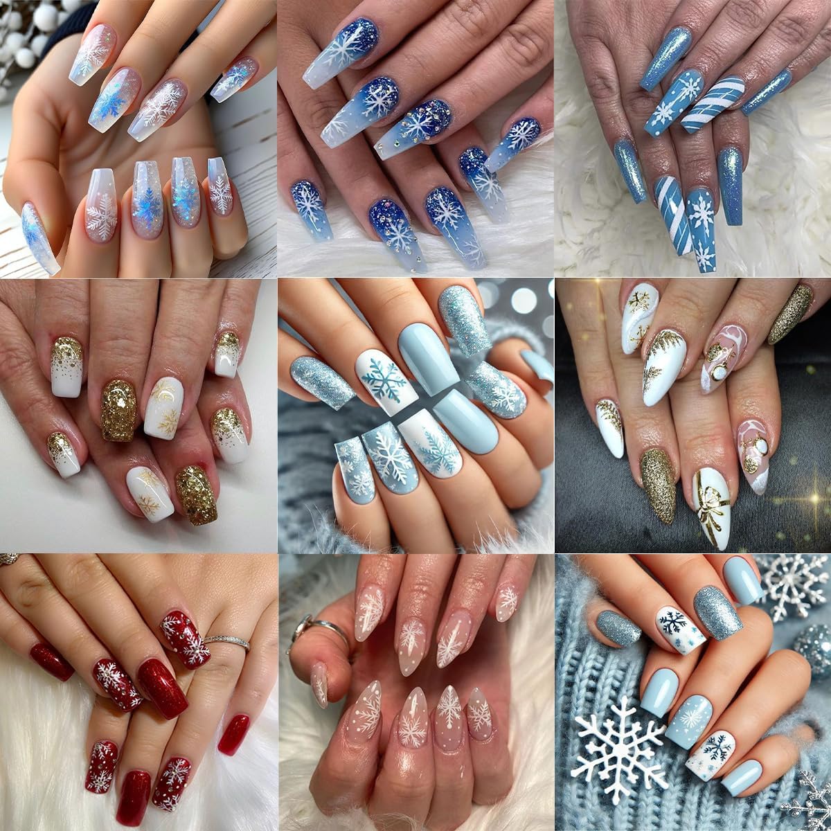 Christmas Nail Art Stickers 6 Pcs Snowflake Nail Stickers 3D Self-Adhesive Winter Nails Decals Blue Gold White Snowflake Nails Designs Stickers Holiday Nails Supplies for Women Xmas DIY Manicure Decor