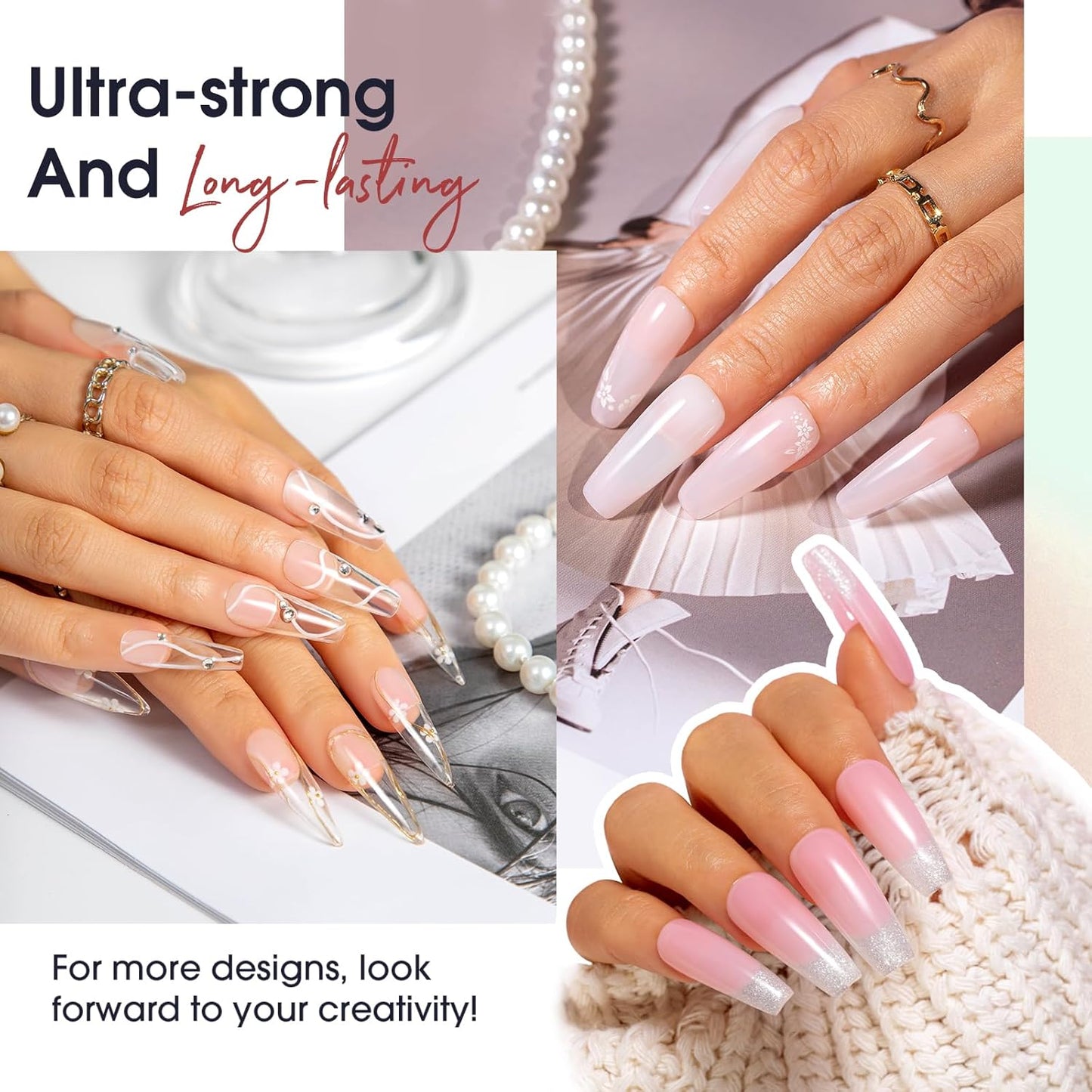 ROSALIND 20PCS White Clear Poly Nails Gel Kit Starter Build er Kit with Slip Solution Pro Nude Pink Nail Extensions Gel Set with Mini UV Lamp Drill Nail Art