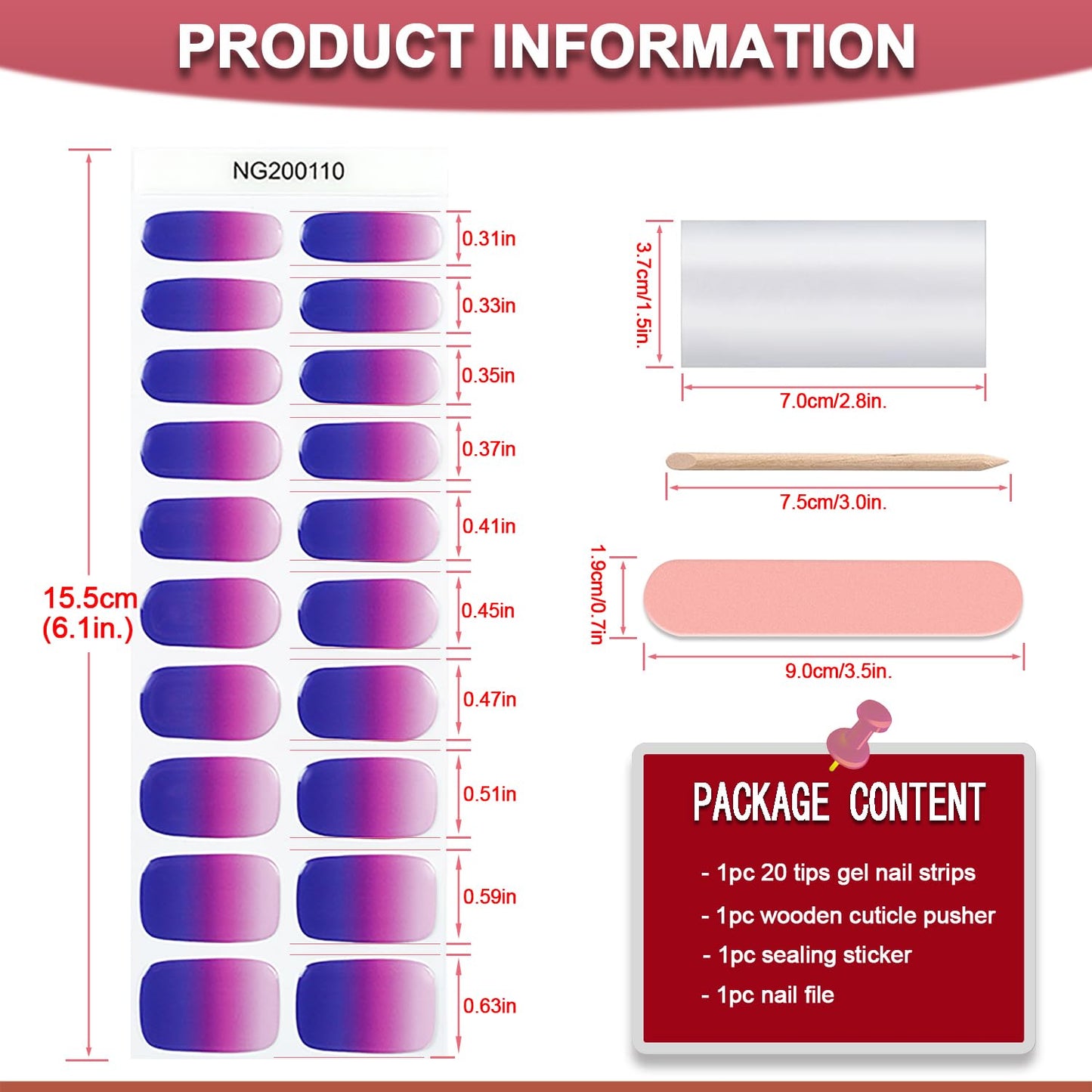WOKOTO 20 Pcs Gradient Purple Semi Cured Gel Nail Strips With Nail File & Wooden Stick, Semi Cured Gel Nail Wraps Stickers, UV Light Gel Nail Polish Strips Stick On Real Nail Polish Stickers Kit