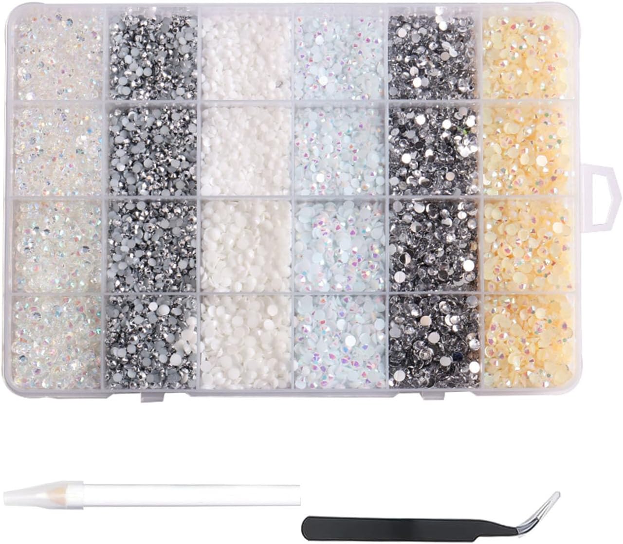 16920Pcs Nail Art Rhinestones, BetterJonny 6 Colors Round Nail Flatback 2/3/4/5mm Rainbow Gems Set with Tweezers and Pencil AB Glitter Flat-Bottomed Rhinestone for Crafts Decoration and Jewelry Making