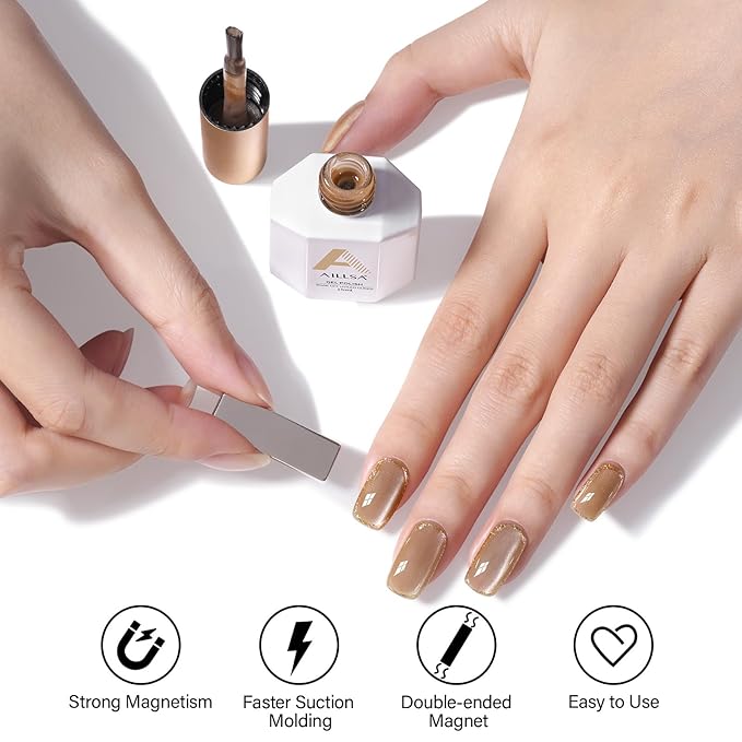 AILLSA Glass Cat Eye Gel Nail Polish, Champagne Glitter Jelly Nude Nail Polish Magnetic Gold Shimmer Sparkle Nail Art U V Gel Salon 0.5 OZ