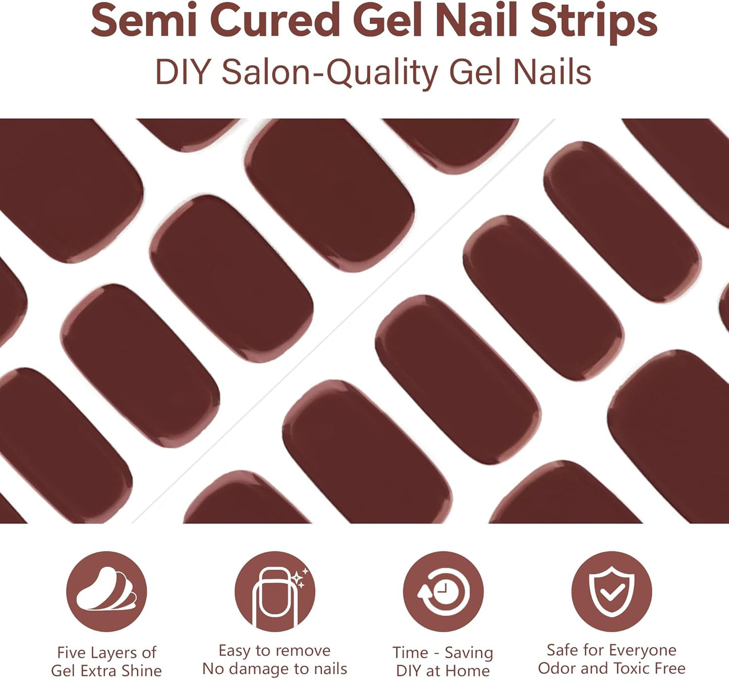 Semi Cured Gel Nail Strips-Sweat Resistant Adhesive,Sports & Shower Safe,Glossy Press Ons,18 Size Designs Works with Any UV/LED Lamps(Chilly)