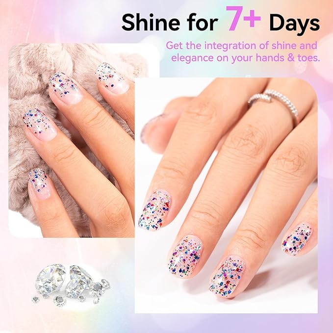 Fast Dry Nail Polish, Multicolor Glitter Purple Blue Red Sparkle Fingernail Polish, No UV Lamp Needed, Vegan, Long Lasting Gradient Nail Art DIY Home Travel Manicure Gift