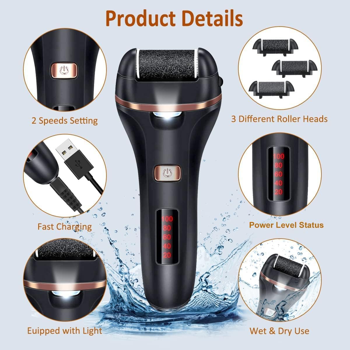 Electric Callus Remover for Feet,Rechargeable Foot File Hard Skin Remover,Waterproof 14 in1 Professional Pedicure Kit for Cracked Heels &Dead Skin,with 3 Roller Heads 2 Speed