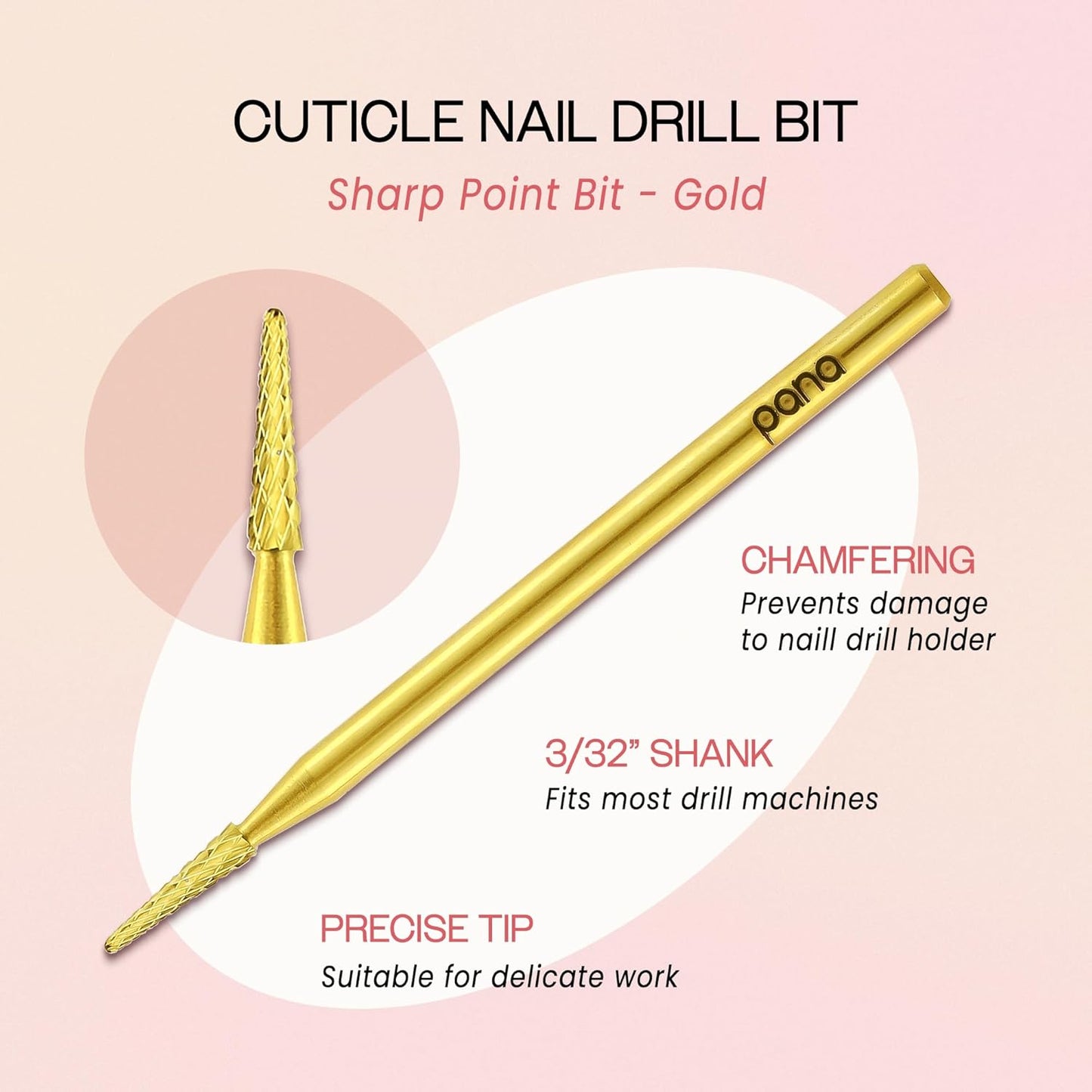PANA 3/32" Carbide Cuticle Nail Drill Bit for Cuticle Cleaning, Dead Skin Removal, Gel Polish & Acrylic Removal, Under Nail Cleaner, Nail Salon, Manicure Tools (Sharp Point - Gold, Medium)