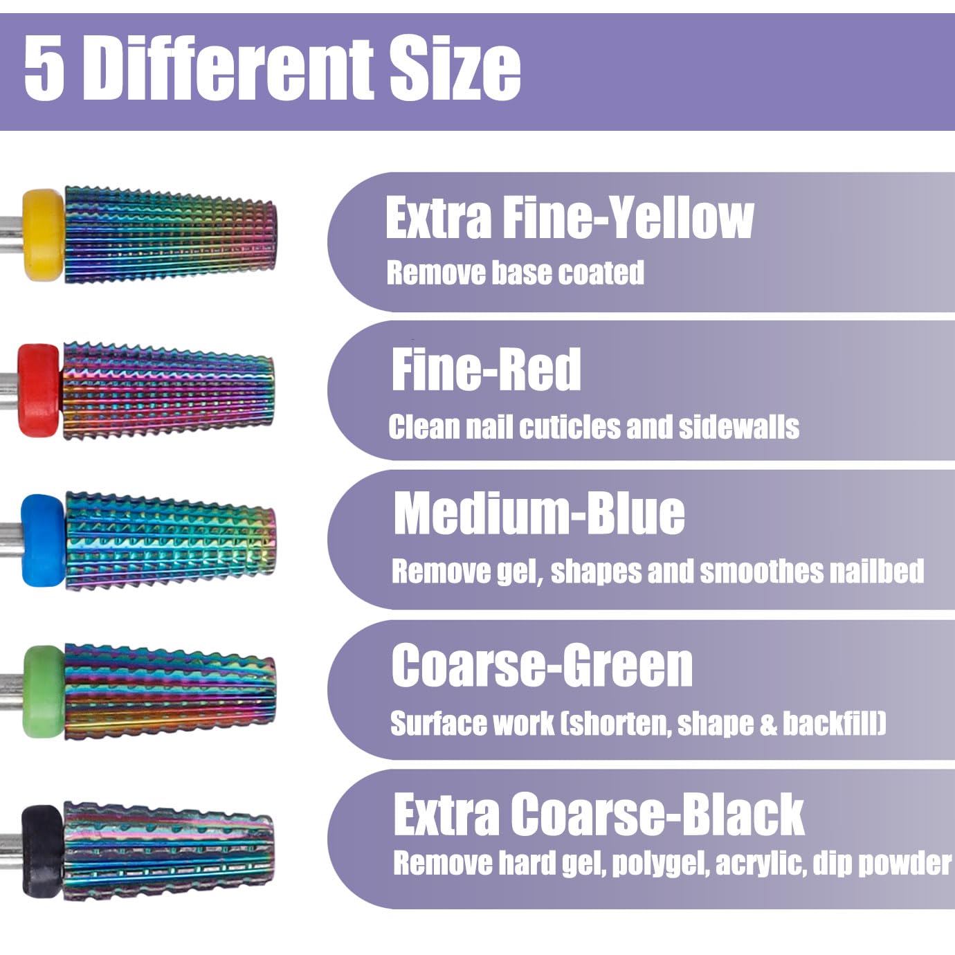 Yakamoz 5Pcs Carbide Nail Drill Bits Set, 3/32 Inch Shank Professional Nail File Drill Bits XC C M F XF Nail E File Bits Safety Efile Nail Bits for Acrylic Nails Gel Polish Manicure, 2 Way Rotate