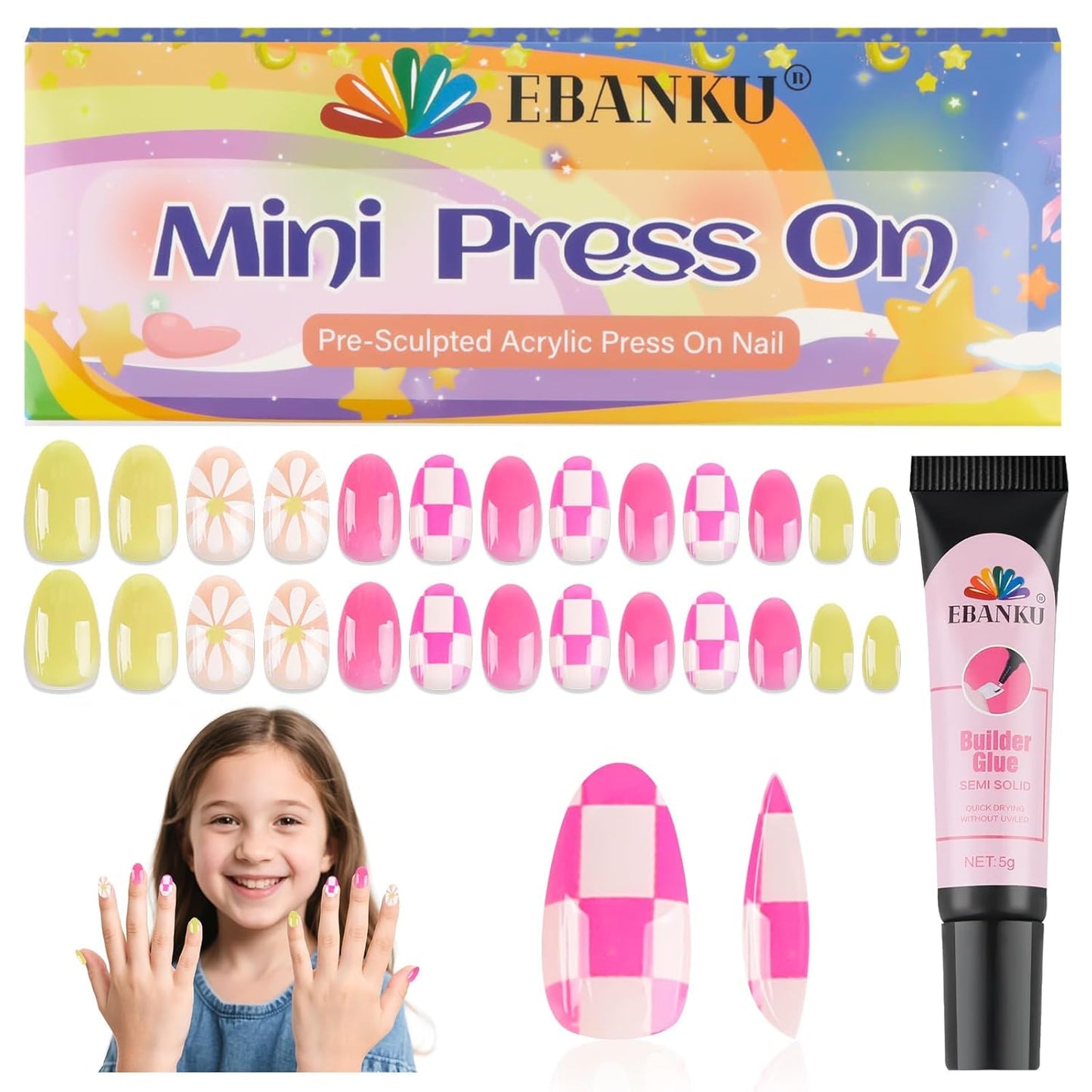 EBANKU 26 Pcs Kids Press on Nail Short, Floret Grid Fake Nails for Girls 5-12 Years False Nails Kit with Nail Glue, Full Cover Stick on Nails Tip for Child