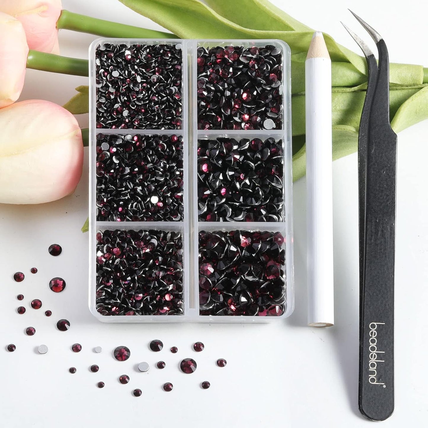 Beadsland 4300pcs Flatback Rhinestones,Burgundy Rhinestone Nail Gems Round Crystal Rhinestones for Crafts,Mixed 6 Sizes with Picking Tweezers and Wax Pencil Kit, SS6-SS20,Amethyst